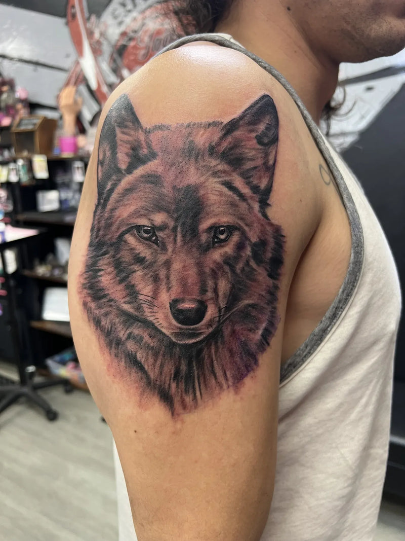 Wolf Portrait Shoulder Tattoo