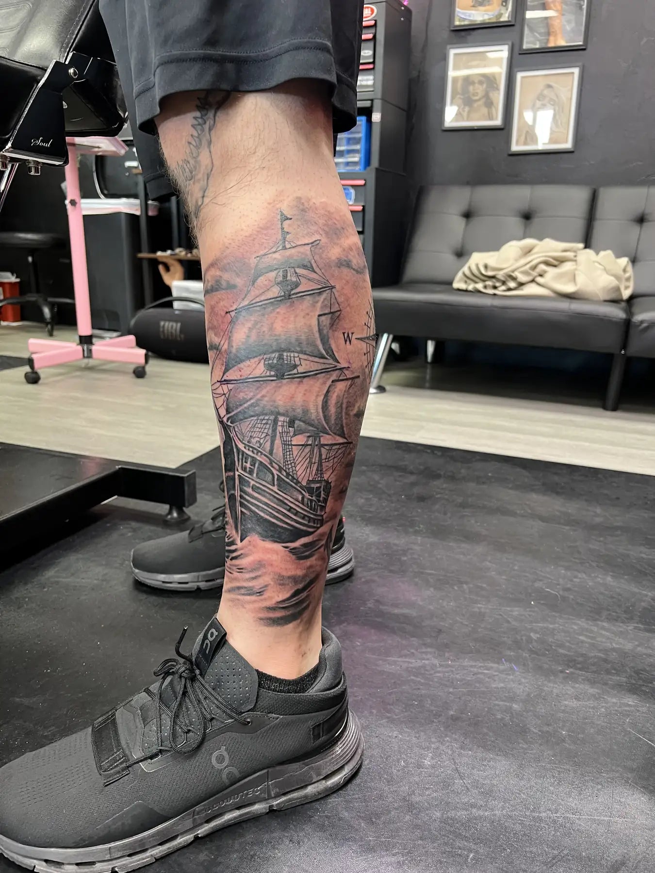 Sailing Ship Leg Tattoo