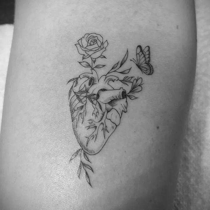 Anatomical Heart & Rose Fine Line Tattoo
