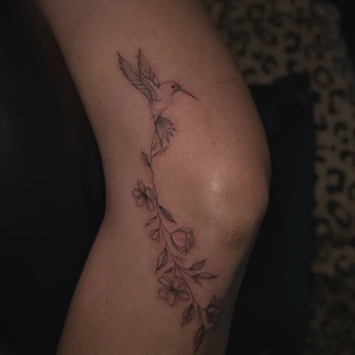Hummingbird & Floral Fine Line Tattoo
