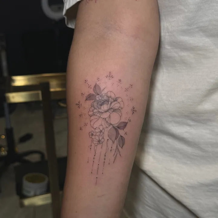 Peony Fine Line Floral Tattoo