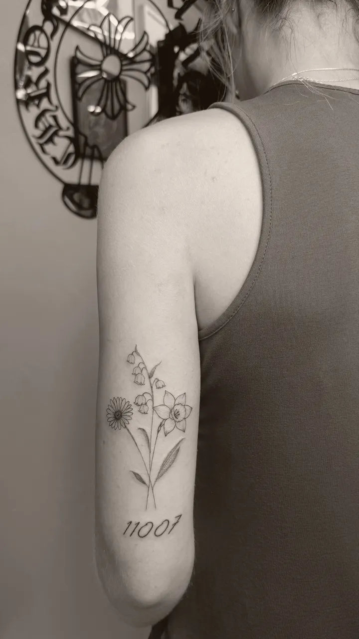 Birth Flower Number Fine Line Tattoo