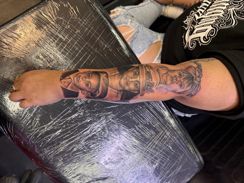 Black and Grey Family Portrait Forearm Tattoo