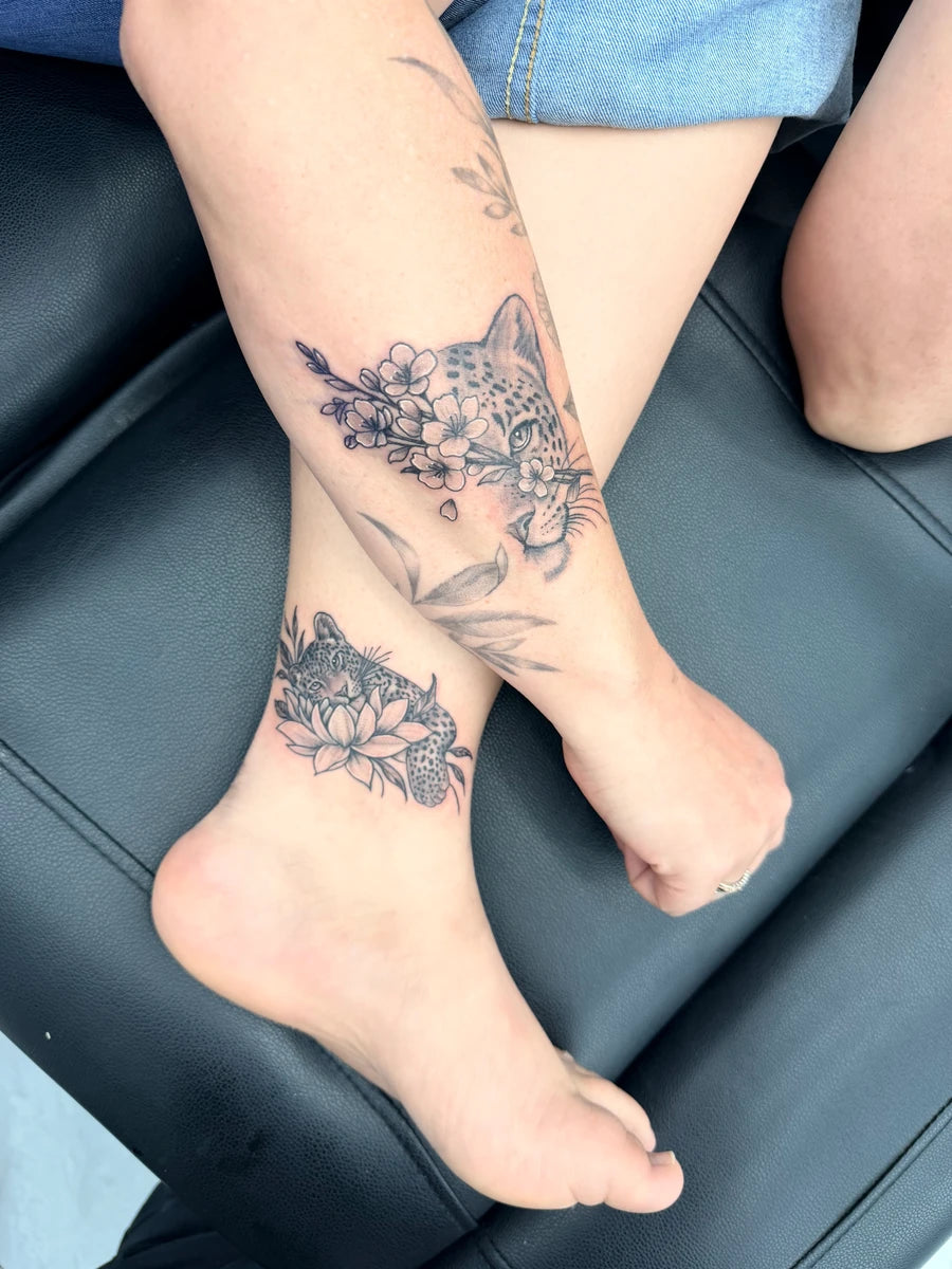 Black and Grey Jaguar Floral Leg Tattoo
