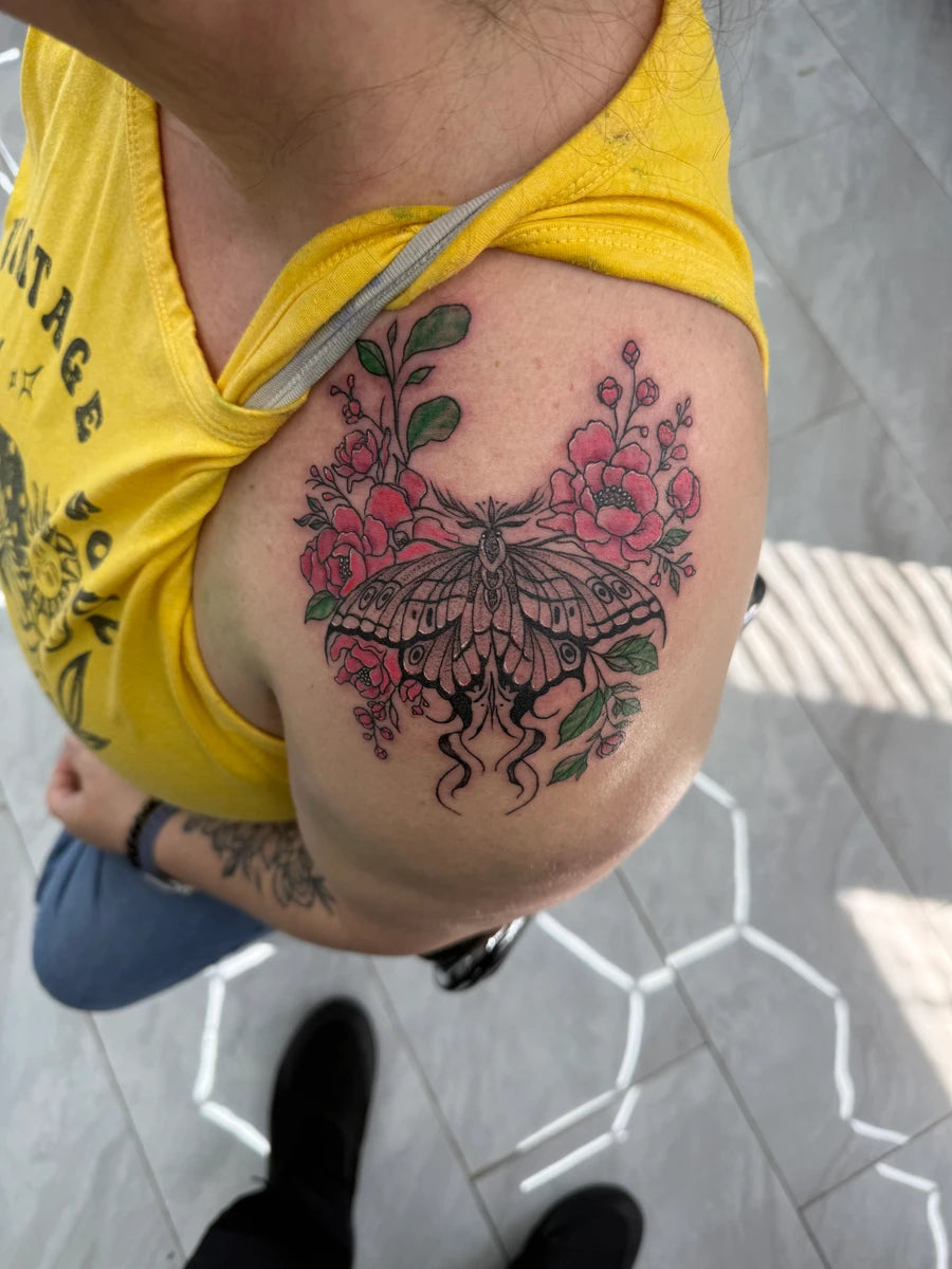 Color Butterfly Floral Shoulder Tattoo
