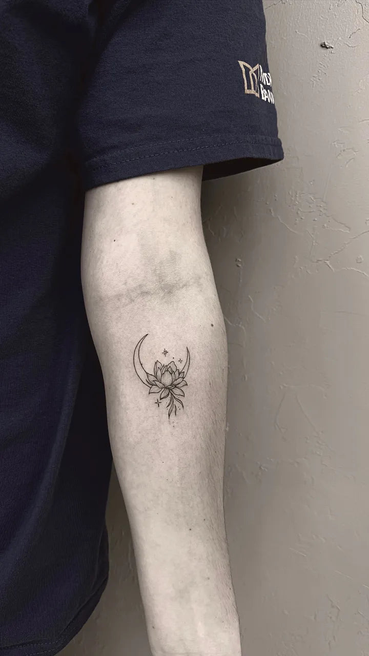 Crescent Moon Lotus Fine Line Tattoo