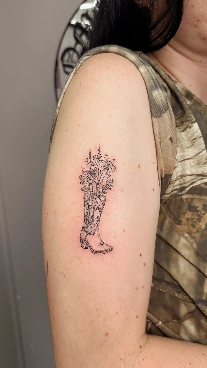 Fine Line Cowboy Boot Floral Tattoo