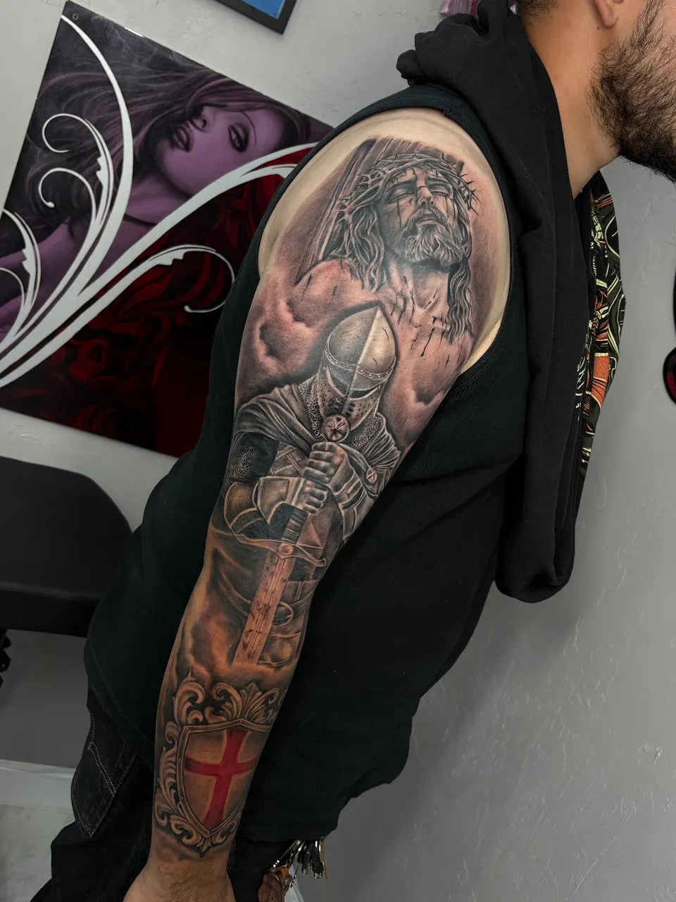 Jesus and Crusader Religious Sleeve Tattoo