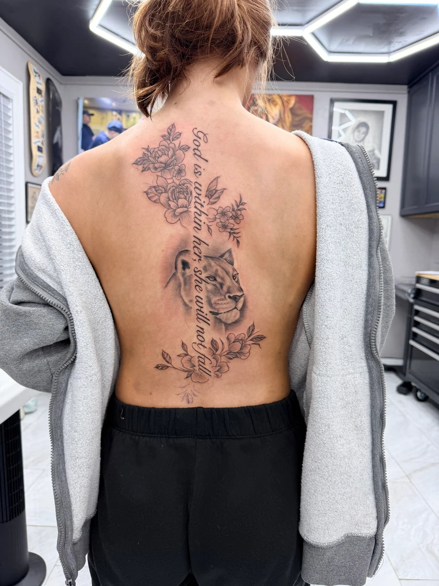 Lion Floral Script Back Tattoo